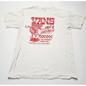 VANS Pizza HOT & SHREDDY Ad Graphic T-shirt Men's Large Tan EUC Skate